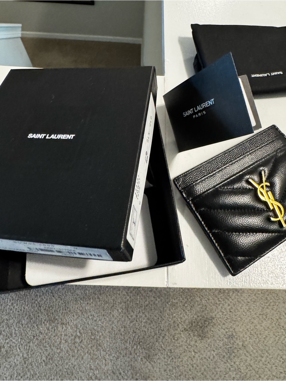 Saint Laurent Black Quilted Leather Card Wallet with Gold YSL Logo